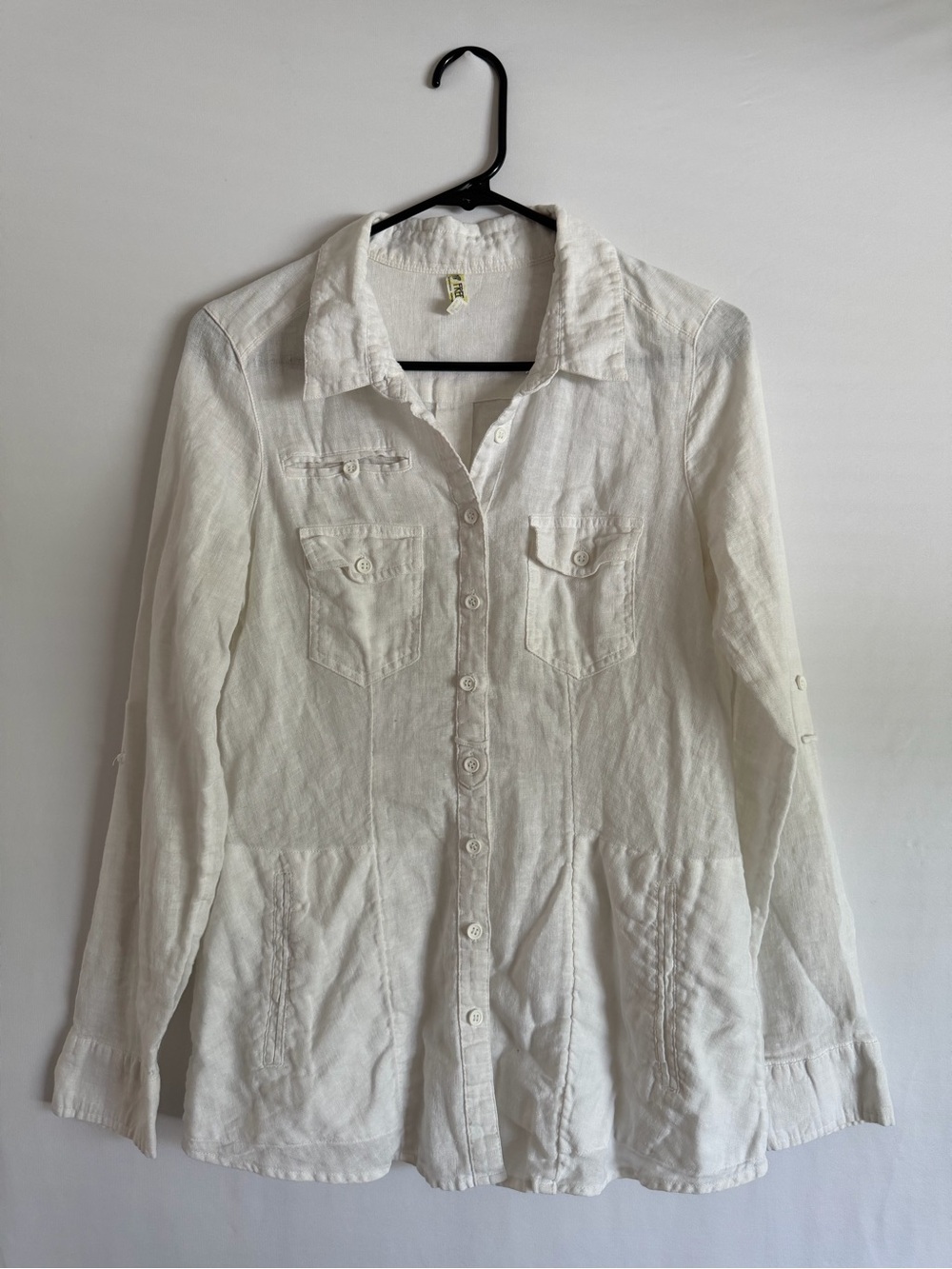 Free People White Linen Blend Roll Tab Sleeve Button Down Shirt/Jacket Size M